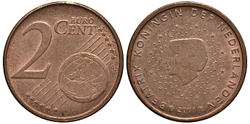 НИДЕРЛАНДЫ 2 ЕВРОЦЕНТА 2001 КОРОЛЕВА БЕАТРИКС KM 235 сталь плакированная медью 4181-433
