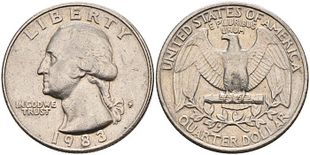 США 25 центов = квотер 1983 P, Вашингтон KM A164a медь плакированная медно-никелем 4584-1147