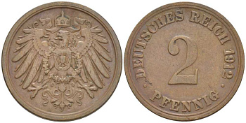Германия 2 пфеннига 1912 A KM 16, J. 11, Weege 4 медь 206-629