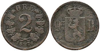 НОРВЕГИЯ 2 ЭРЕ 1876 KM 353 бронза 67-126