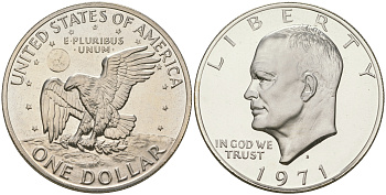 США 1 доллар 1971 S, Президент Эйзенхауэр, лунный орел KM 203a серебро  PROOF 1095-8-12