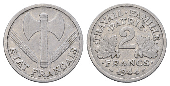 Франция 2 франка 1944 KM 904 алюминий 3856-431