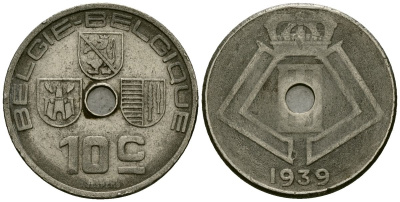 Бельгия 10 сантимов 1939 Belgie - Belgique KM 113 никель латунь 4121-656