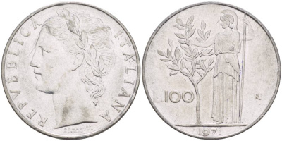 Италия 100 лир 1971 R, Афина KM 96.1 нержавеющая сталь 4545-644