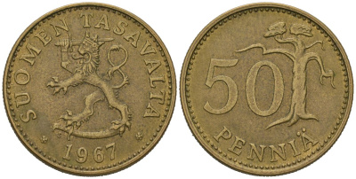 Финляндия 50 пенни 1967 S, самый редкий год выпуска - 400.000 KM 48 алюминиевая бронза 4579-1244