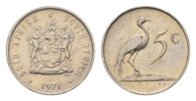 ЮАР 5 центов 1971 герб, райский журавль KM 84 никель 4643-214