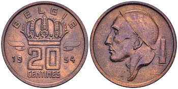 Бельгия 20 сантимов 1954 BELGIE, Бодуэн I (1948-1993) KM 147 бронза 4594-353
