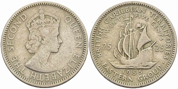Британские Восточно-Карибские территории 25 центов 1955 Елизавета II (1952-2022), парусник KM 6 медно-никель 108-1124