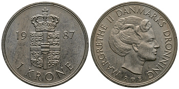 ДАНИЯ 1 КРОНА 1987 S; B, МАРГРЕТЕ II (1972-) KM 862.3 медно-никель 47-142