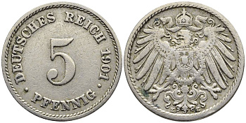 ГЕРМАНИЯ 5 ПФЕННИГОВ 1901 E KM 11, Jager 12, Weege 6 медно-никель 4547-418