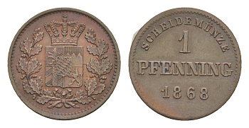 Бавария 1 пфенниг 1868 Людвиг II (1864-1886) KM 856 медь 4649-463