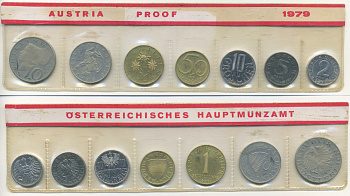 Австрия набор из 7 монет  1979  2, 5, 10, 50 грошей, 1, 5, 10 шиллингов, в целлофане KM PS 39 PROOF 4399-11-2