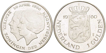 Нидерланды 1 гульден 1980 на коронацию Беатрикс, 30 апреля 1980 KM 200 никель 213-1247