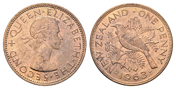 Новая Зеландия 1 пенни 1963 Елизавета II (1952-2022), новозеландский туи KM 24.2 бронза aUNC 4587-616