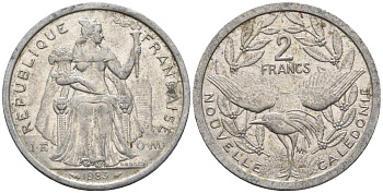 Французская Новая Каледония 2 франка 1983 птица кагу, (IEOM) KM 14, Schoen 11, Lec 63 алюминий    27-725