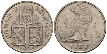 Бельгия 1 франк 1939 Belgie - Belgique KM 120 никель 217-654