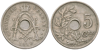 Бельгия 5 сантимов 1910 Belgie, Альберт I (1909-1934) KM 67 медно-никель 4615-661