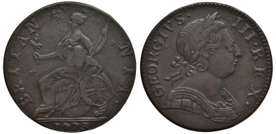 Великобритания 1/2 пенни 1773 Георг III (1760-1820) KM 601, Spink 3774 медь 1523-942