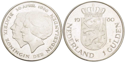 Нидерланды 1 гульден 1980 на коронацию Беатрикс, 30 апреля 1980 KM 200 никель 213-1247