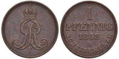 Ганновер 1 пфенниг 1858 B, Георг V KM 233, AKS 156, J. 90 медь 4594-252