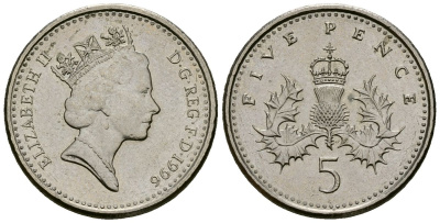 Великобритания 5 пенсов 1996 Елизавета II (1952-2022) KM 937b, Spink 4372 (D4) медно-никель 4173-758