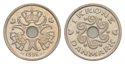 Дания 1 крона 1996 редкий год KM 873 медно-никель aUNC 4632-442