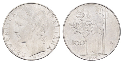 Италия 100 лир 1975 R, Афина в доспехах KM 96.1 нержавеющая сталь 4704-725
