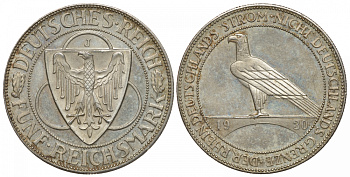 Германия 5 марок 1930 J, освобождение Рейнланда J. 346, KM 71 серебро UNC 00-804-07