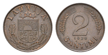 Латвия 2 сантима 1939 KM 11.2 бронза 4679-253