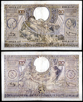 Бельгия 100 франков 1938 Pick 107 (3) бумага 7457-33-2-1