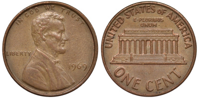 США 1 цент 1969 KM 201 медь цинк 4532-261