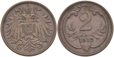 АВСТРИЯ 2 ГЕЛЛЕРА 1912 ФРАНЦ ИОСИФ (1846-1918) KM 2801 бронза 201-916