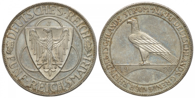 Германия 5 марок 1930 J, освобождение Рейнланда J. 346, KM 71 серебро UNC 00-804-07