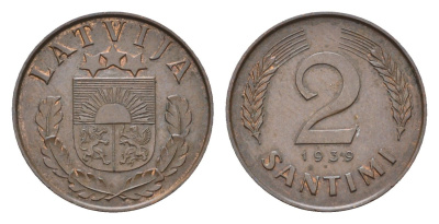 Латвия 2 сантима 1939 KM 11.2 бронза 4679-253