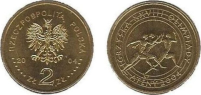 Польша 2 злотых 2004 MW, XXVIII Олимпийские игры в Афинах 2004 года, бег KM 516 нордик  UNC 3457-513