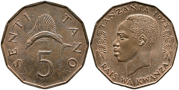 ТАНЗАНИЯ 5 СЕНТИ 1973 ПРЕЗИДЕНТ ДЖУЛИУС НЬЕРЕРЕ, ТУНЕЦ ПАРУСНИК KM 1 бронза 4529-841