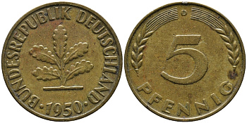 ФРГ 5 ПФЕННИГОВ 1950 D KM 107, J.382 сталь плакированная латунью 4178-239