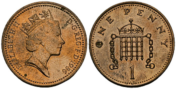 Великобритания 1 пенни 1986 Елизавета II (1952-2022) KM 935, Spink 4381 (B3) бронза 4589-1014