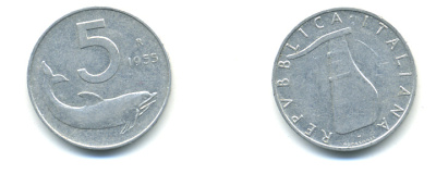 ИТАЛИЯ 5 ЛИР 1955 R, РУЛЬ, ДЕЛЬФИН KM 92 алюминий 86-944