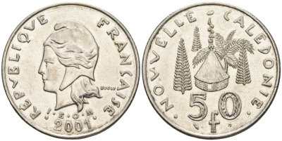 Французская Новая Каледония 50 франков 2001 хижина среди сосен и пальм, (IEOM) KM 13, Schoen 15, Lec 121 никель 4123-841