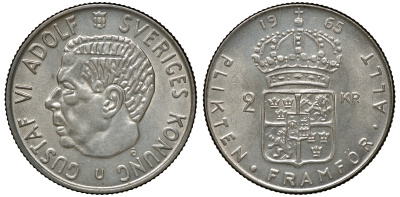 Швеция 2 кроны 1965 U, Густав VI Адольф (1950-1973) KM 827 серебро 4179-1342