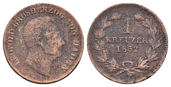 Баден 1 крейцер 1852 Леопольд I (1830-1852) KM 218.1, ASK 107 медь 4708-522