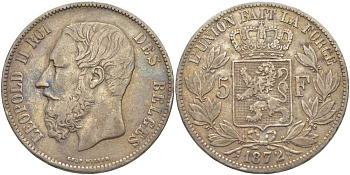 Бельгия 5 франков 1872 Леопольд II (1865-1909) KM 24 серебро 5010-921