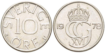 Швеция 10 эре 1978 U, Карл XVI Густав (1973- ) KM 850 медно-никель 4516-945