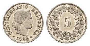Швейцария 5 раппенов 1939 B KM 26 медно-никель 4627-164