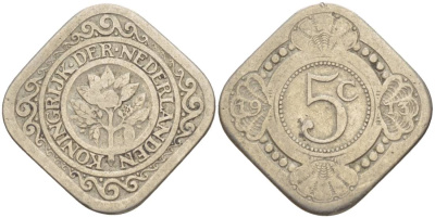 НИДЕРЛАНДЫ 5 ЦЕНТОВ 1913 ВИЛЬГЕЛЬМИНА I (1891-1948) KM 153 медно-никель 219-631