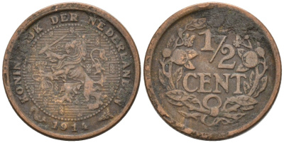 Нидерланды 1/2 цента 1914 Вильгельмина (1890-1948) KM 138 бронза 4576-352