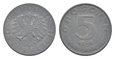 Австрия 5 грошей 1968 KM 2875 цинк 4643-442