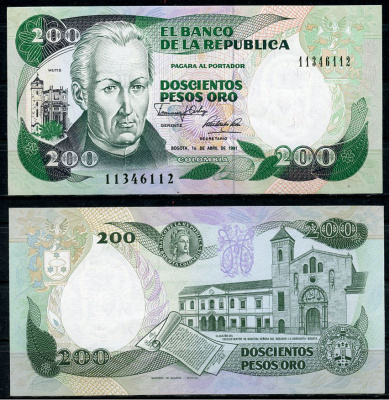 Колумбия 200 песо 1991 1 апреля, Хосе Селестино Мутис, монастырь Ла Бордадита, Богота Pick 429 d  бумага  UNC (пресс) 448-146-3