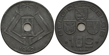 Бельгия 10 сантимов 1942 Belgique - Belgie, Леопольд III (1934-1947), германская оккупация, Вторая мировая война KM 125 цинк 4161-321